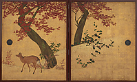 Deer and Maples, Mori Tetsuzan (Japanese, 1775–1841), Sliding doors (fusuma) mounted as four two-panel folding screens; ink and color on gilt paper, Japan
